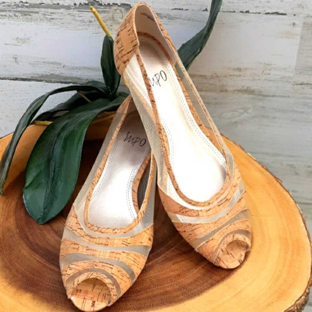 Impo Women's Cork Peep-Toe Heels in Natural Tan and Beige